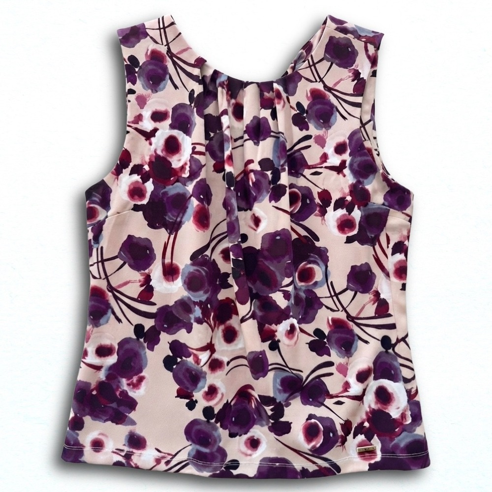 Calvin Klein Women Purple Floral Pleated Neck Sleeveless Blouse Top Size M